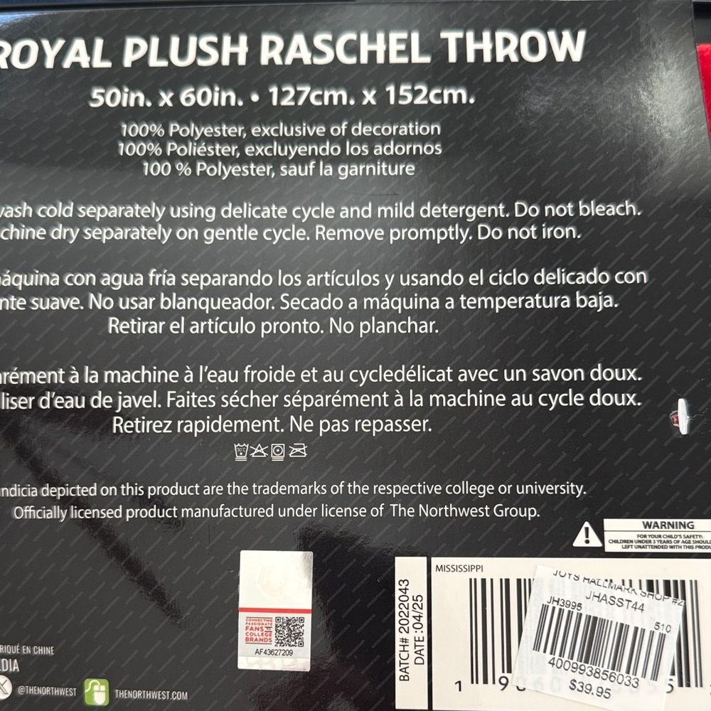 OLE MISS Royal Plush Raschel Throw Blanket